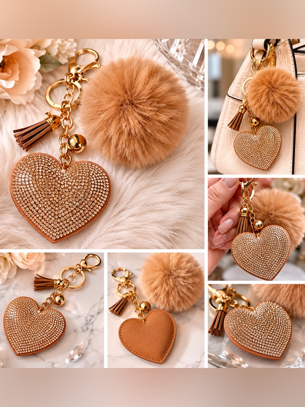 2-Piece Faux Fur Pom Pom & Rhinestone Heart Keychain Bag Charm Set